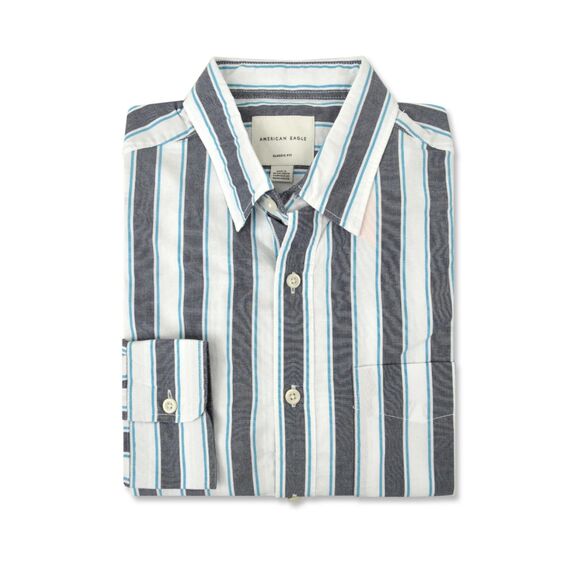 Mens Size L American Eagle White/Gray/Blue Stripe 100% Cotton LS Button Down EUC - Picture 1 of 6
